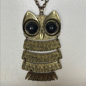 Vintage Owl Pendant Long Necklace in Gold and Black